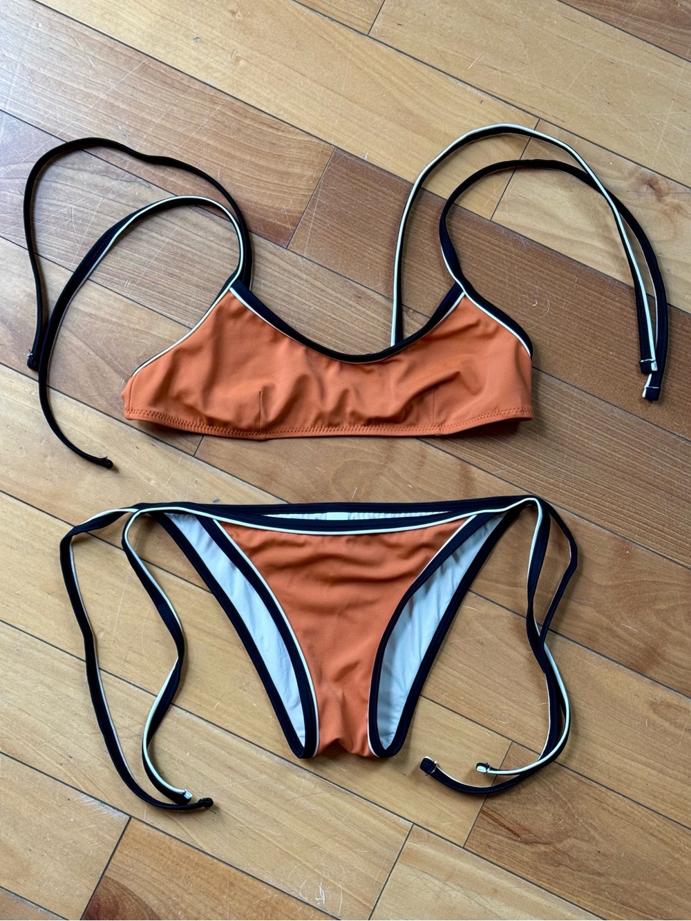 Solid and Striped Burnt Orange and Black Bikini Set With Ties in size small